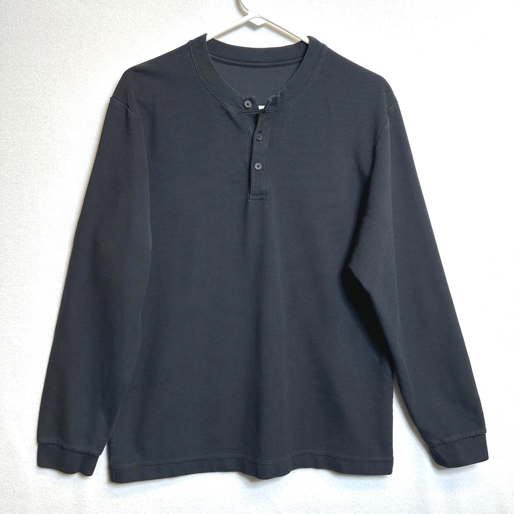 Lululemon Henley Shirt Mens M/L Black Waffle Knit Textured Long Sleeve Button Up